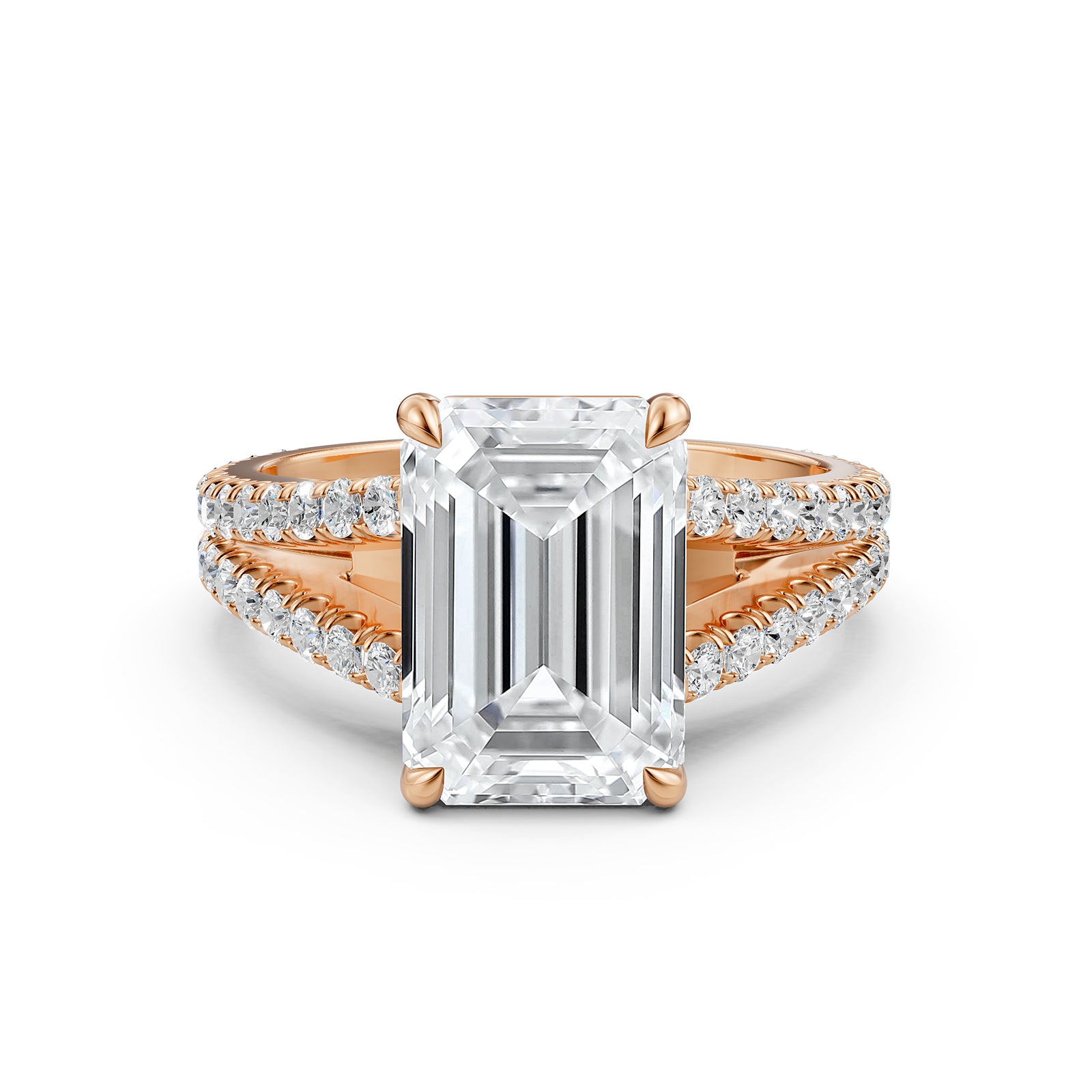 Split Shank Diamond Engagement Emerald Ring French U split Pave Set 14k White Gold