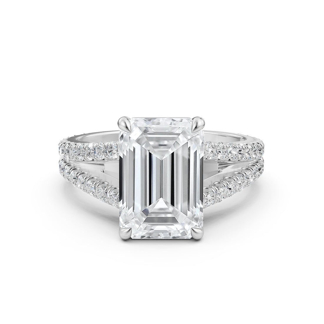 Split Shank Diamond Engagement Emerald Ring French U split Pave Set 14k White Gold