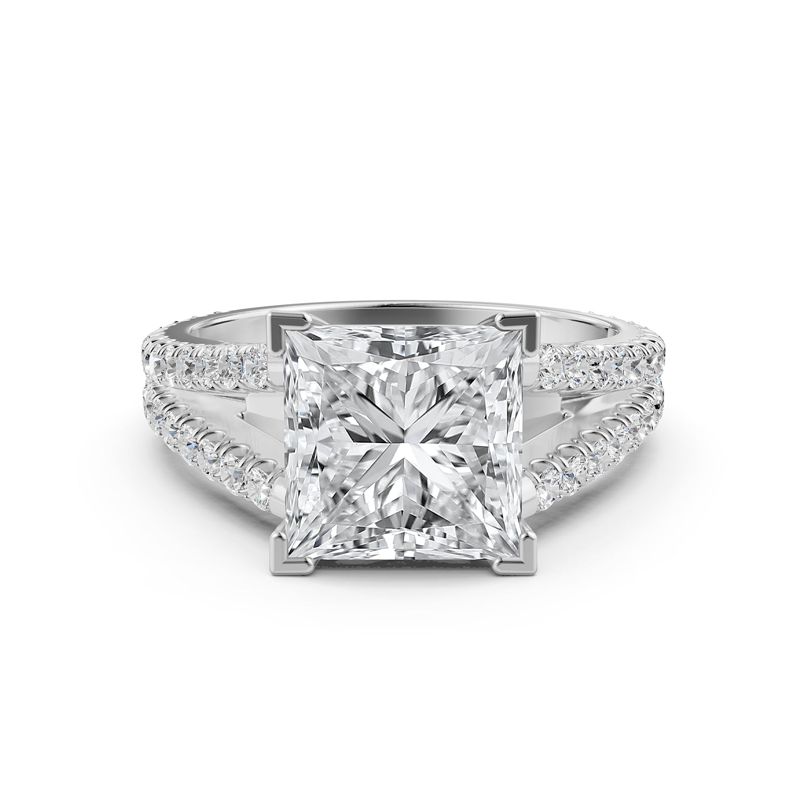 Split Shank Diamond Engagement Princess Ring French U split Pave Set 14k White Gold