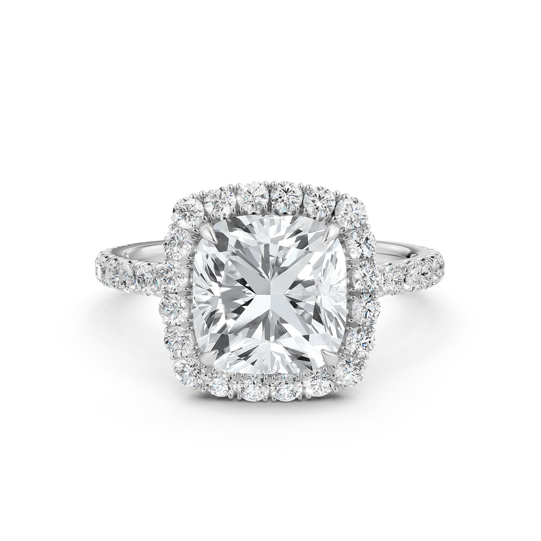 French U Split Pave Halo Cushion Diamond Engagement Ring 14k White Gold.