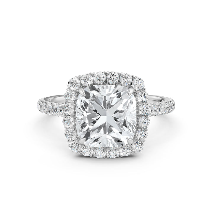 French U Split Pave Halo Cushion Diamond Engagement Ring 14k White Gold.