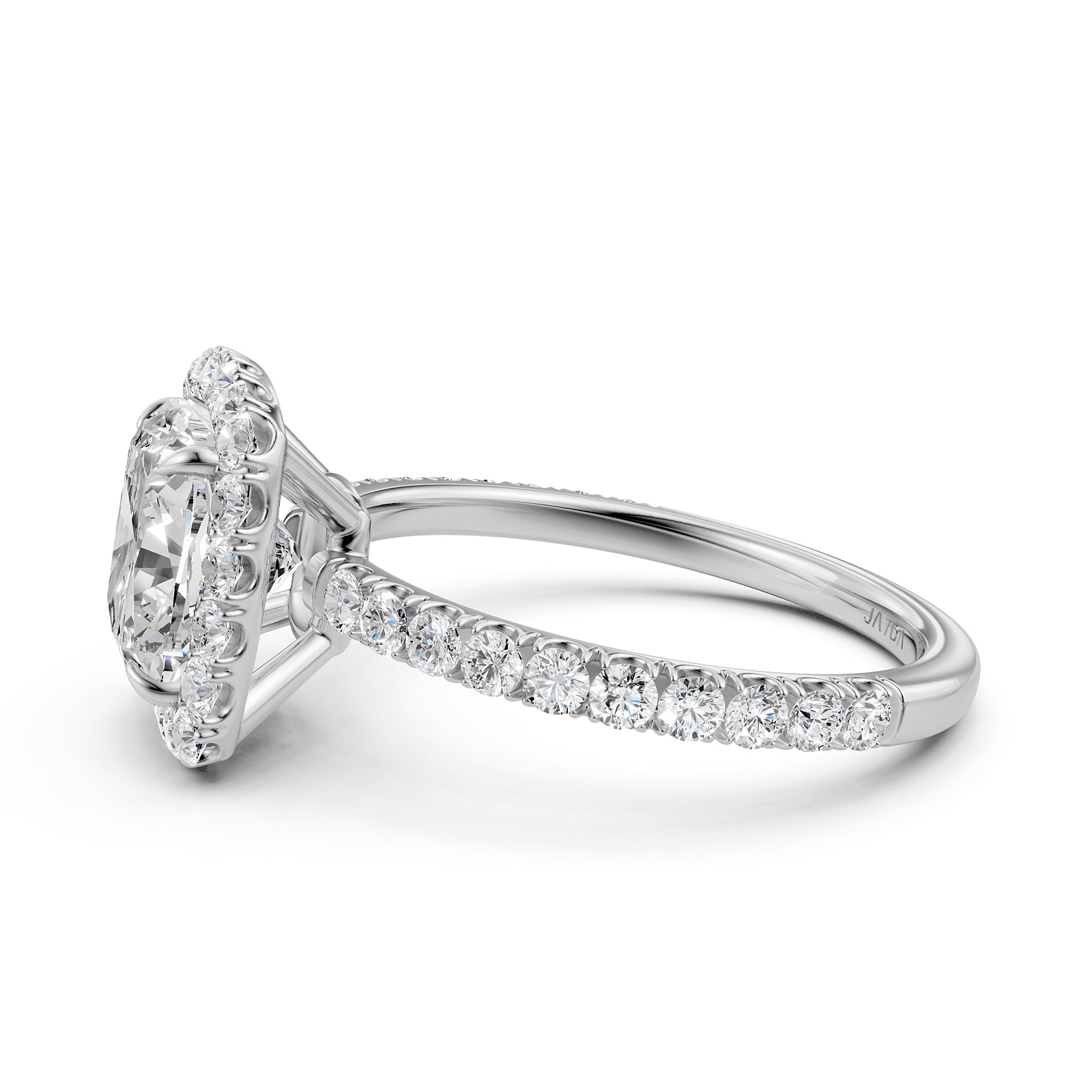 French U Split Pave Halo Cushion Diamond Engagement Ring 14k White Gold.
