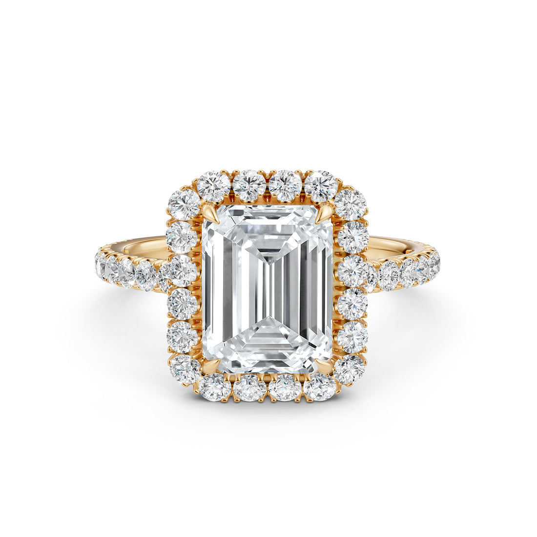 French U Split Pave Set Halo Emerald Lab Grown Diamond Engagement Ring