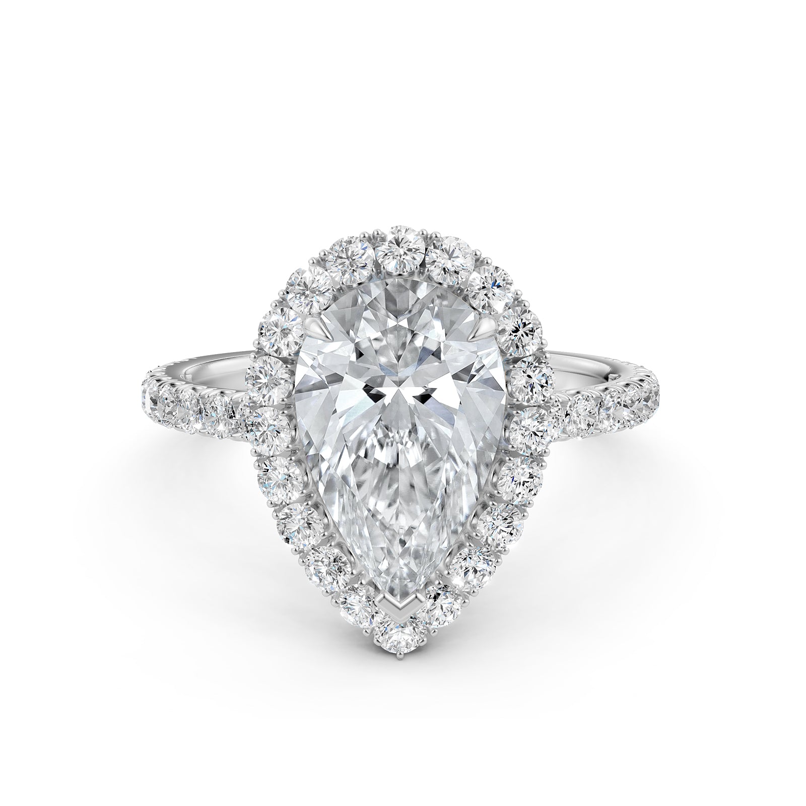 French U Split Pave Halo Pear Diamond Engagement Ring 14k White Gold