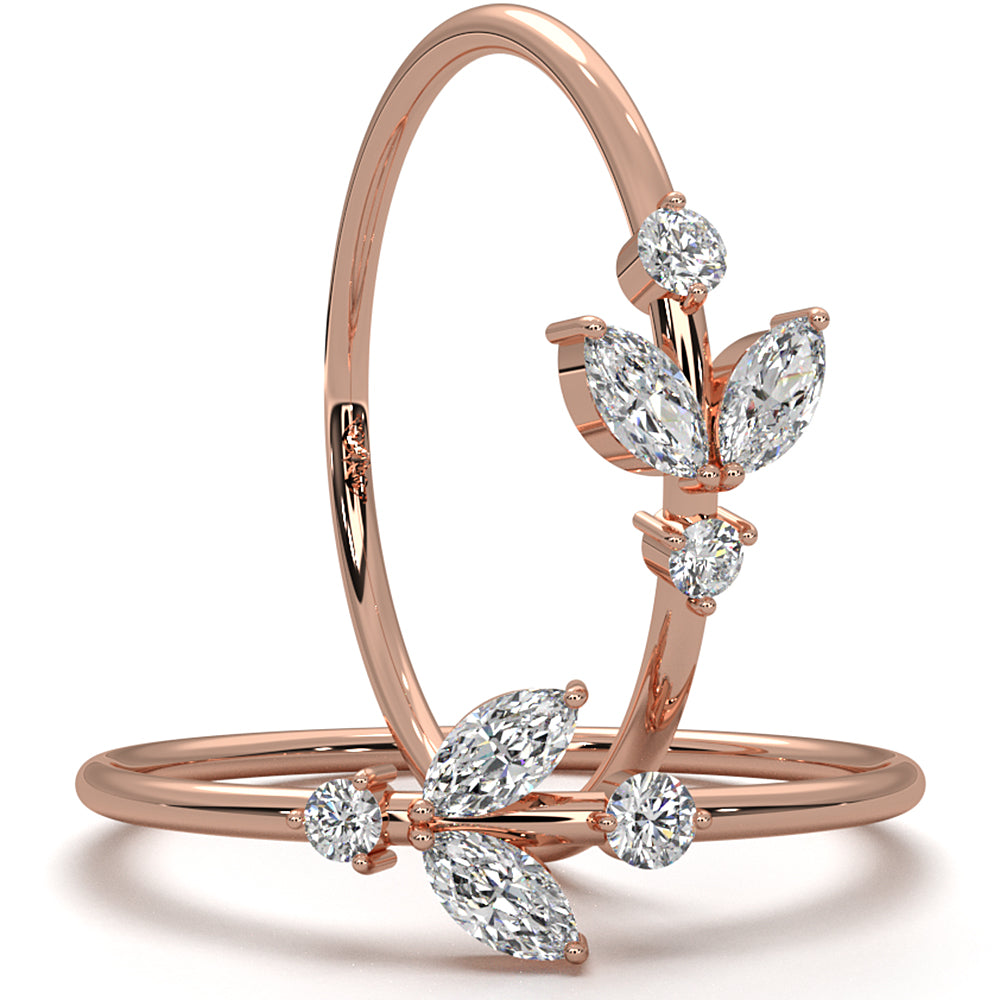 Petal Motif Style Marquise & Round Lab Diamond Slim Fashion Ring 0.15ctw.