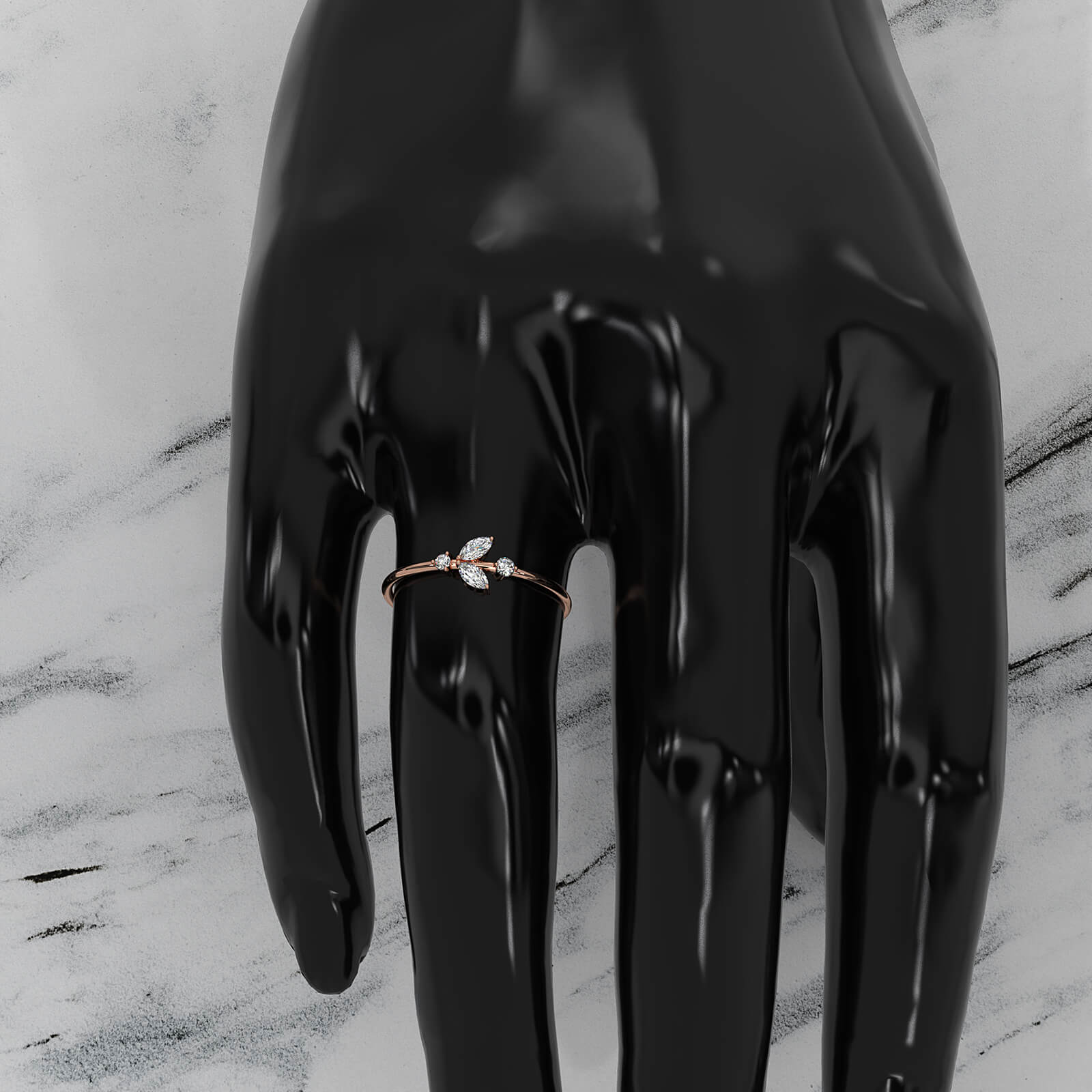 Petal Motif Style Marquise & Round Lab Diamond Slim Fashion Ring 0.15ctw.