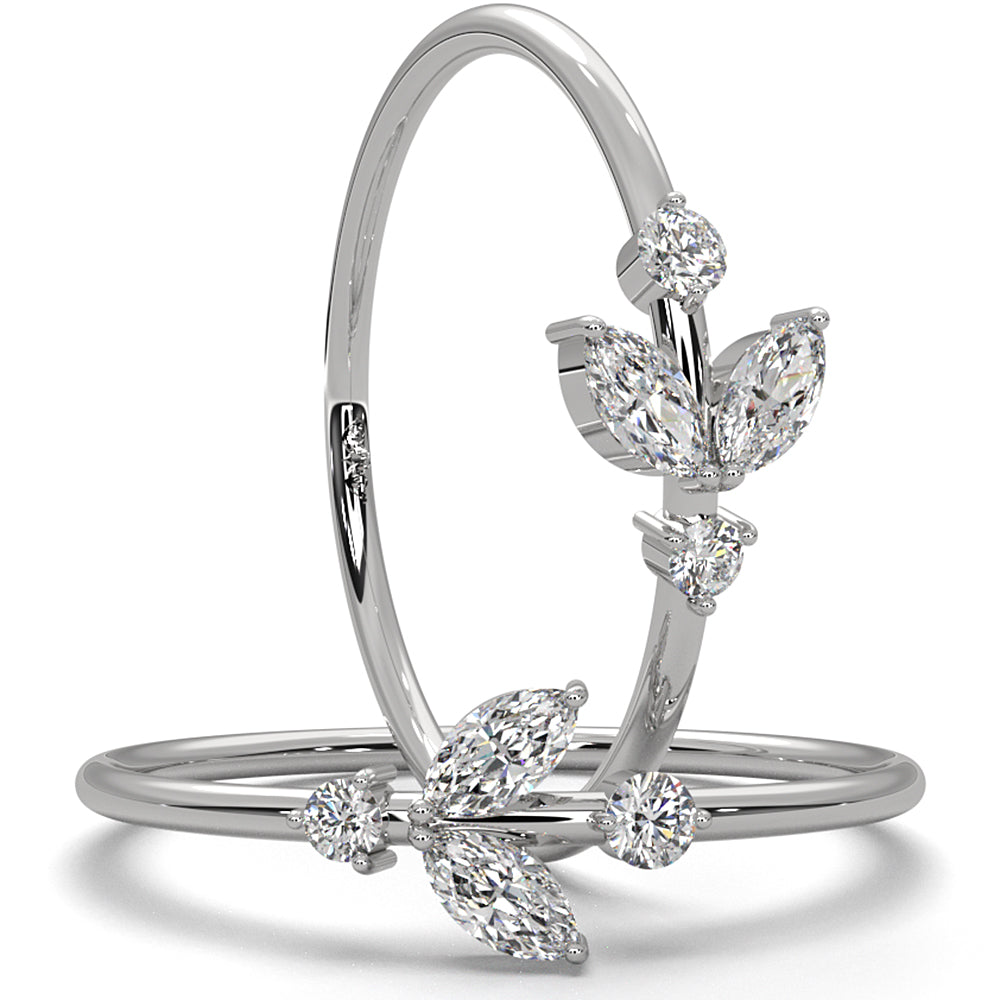 Petal Motif Style Marquise & Round Lab Diamond Slim Fashion Ring 0.15ctw.