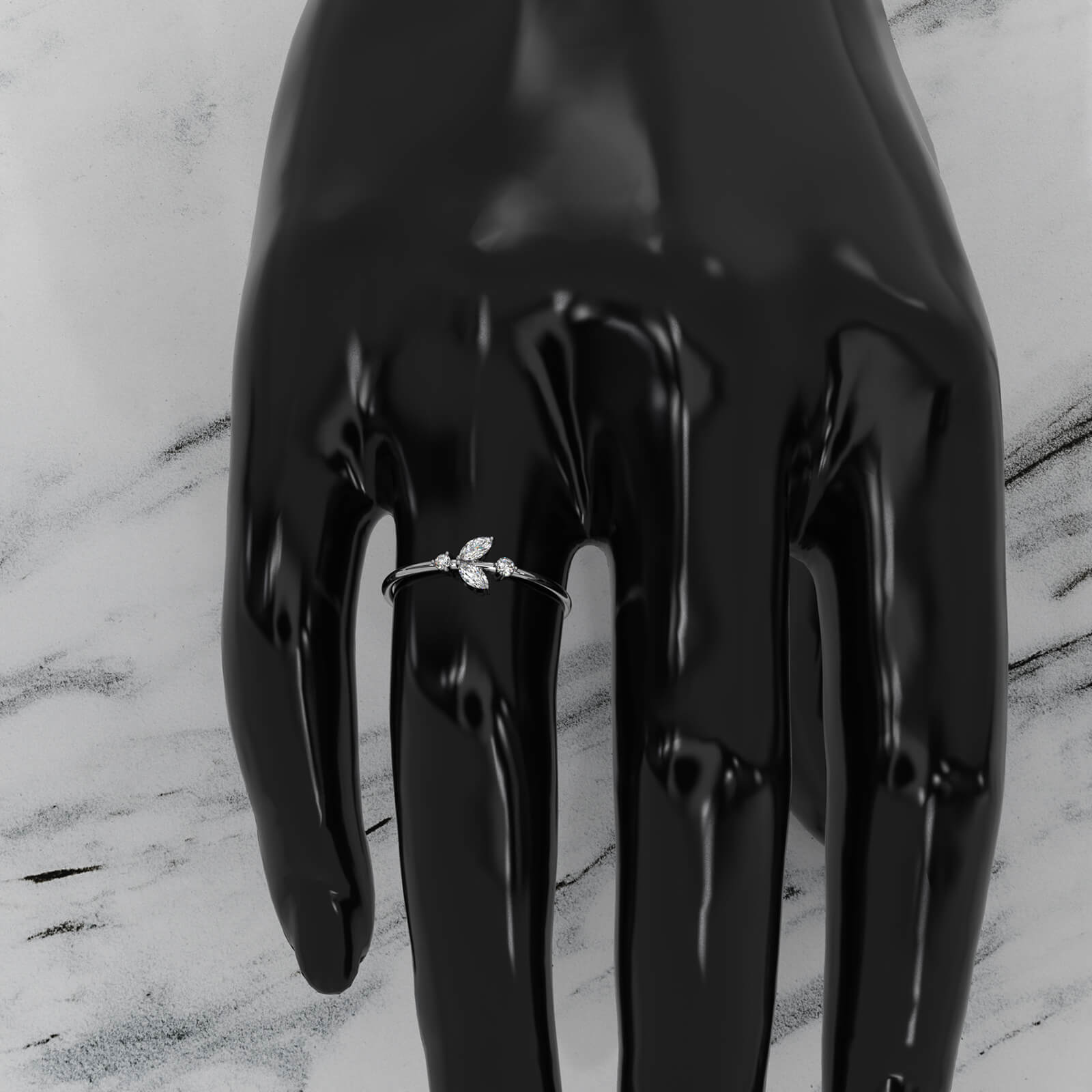 Petal Motif Style Marquise & Round Lab Diamond Slim Fashion Ring 0.15ctw.