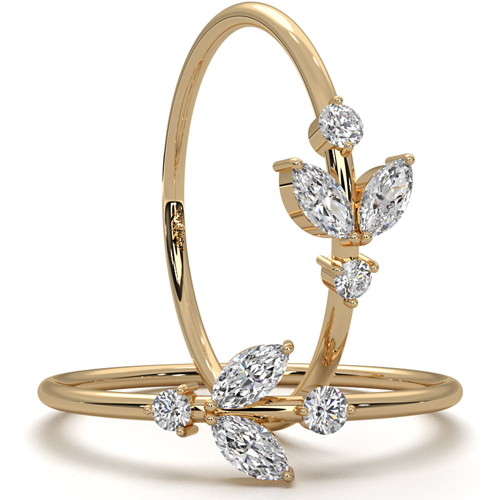 Petal Motif Style Marquise & Round Lab Diamond Slim Fashion Ring 0.15ctw.