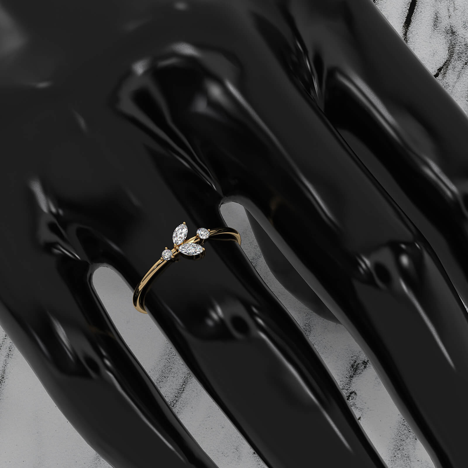 Petal Motif Style Marquise & Round Lab Diamond Slim Fashion Ring 0.15ctw.