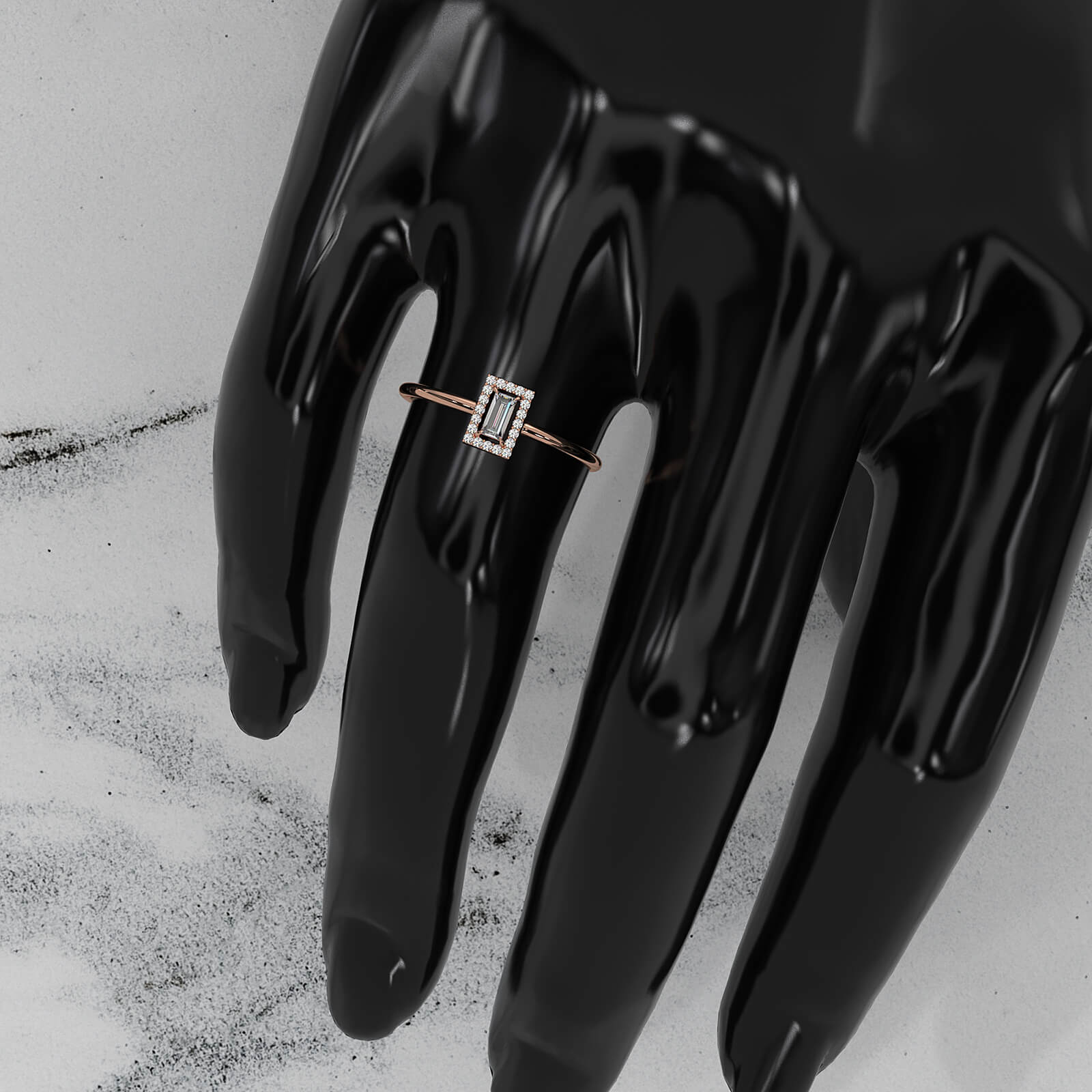 Slim And Dainty Baguette Halo Lab Diamond Engagement Ring 0.17ctw.