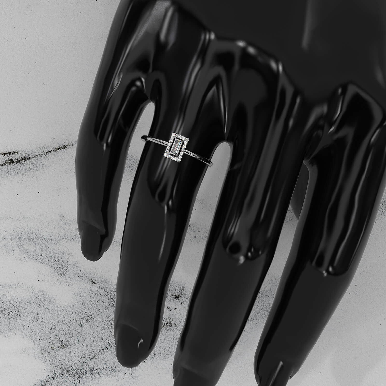 Slim And Dainty Baguette Halo Lab Diamond Engagement Ring 0.17ctw.