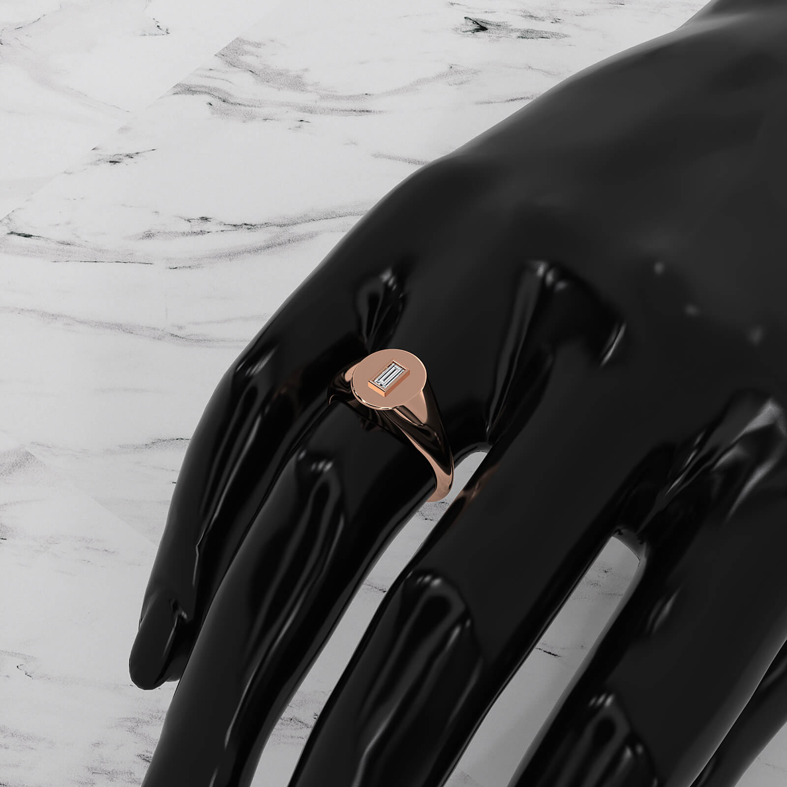 Oval Shaped Bezel Set Baguette Lab Diamond Signet Ring 0.11ctw.