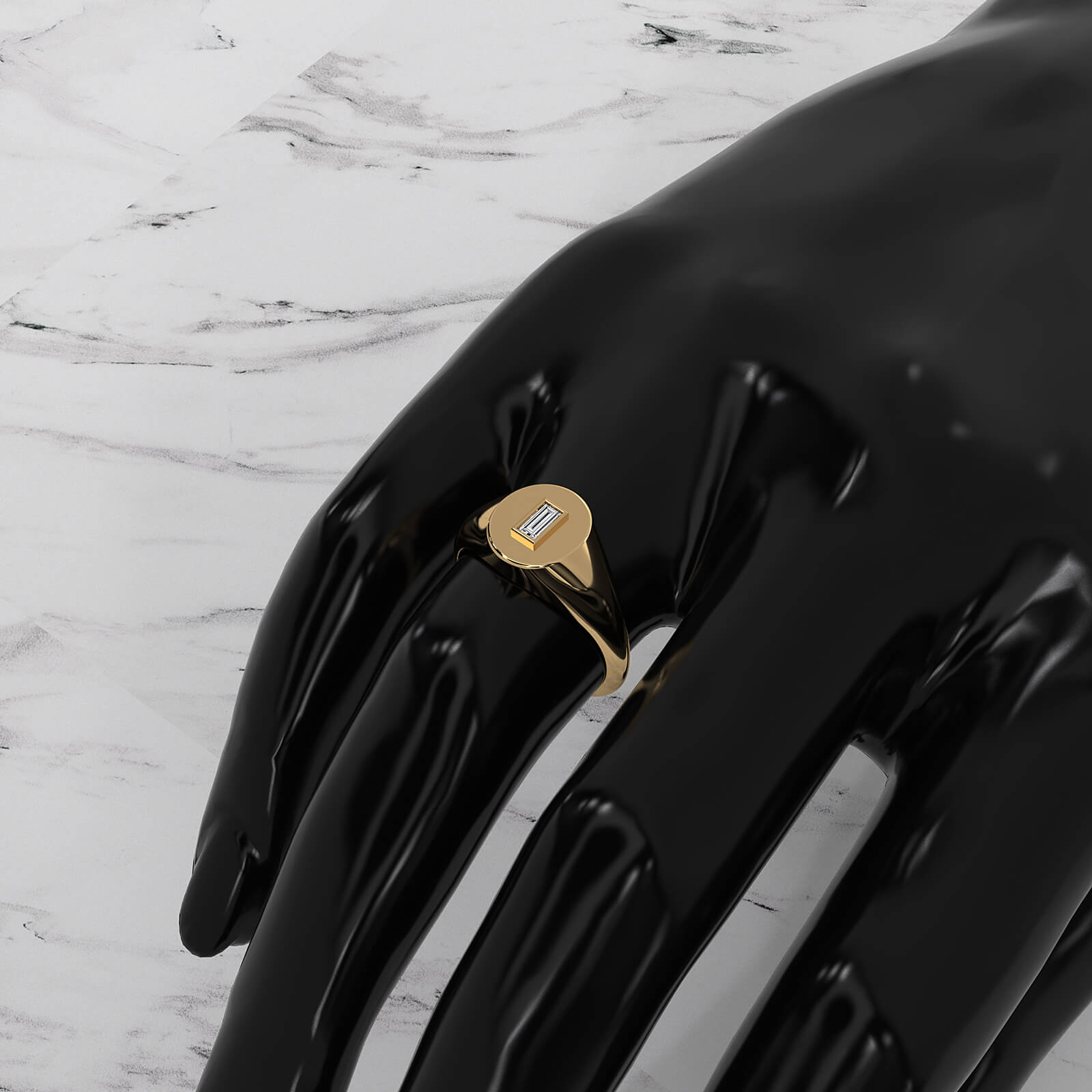 Oval Shaped Bezel Set Baguette Lab Diamond Signet Ring 0.11ctw.