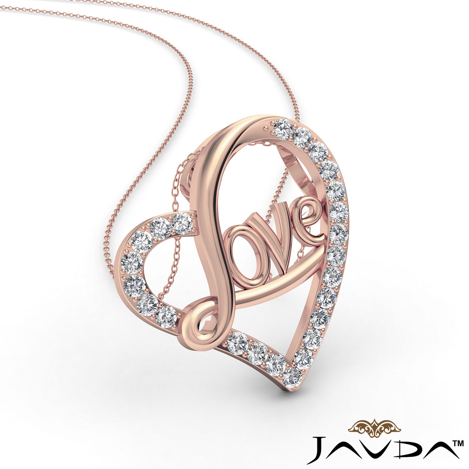 Love Script Heart Pendant Necklace Round Diamond 14k White Gold 0.45Ct