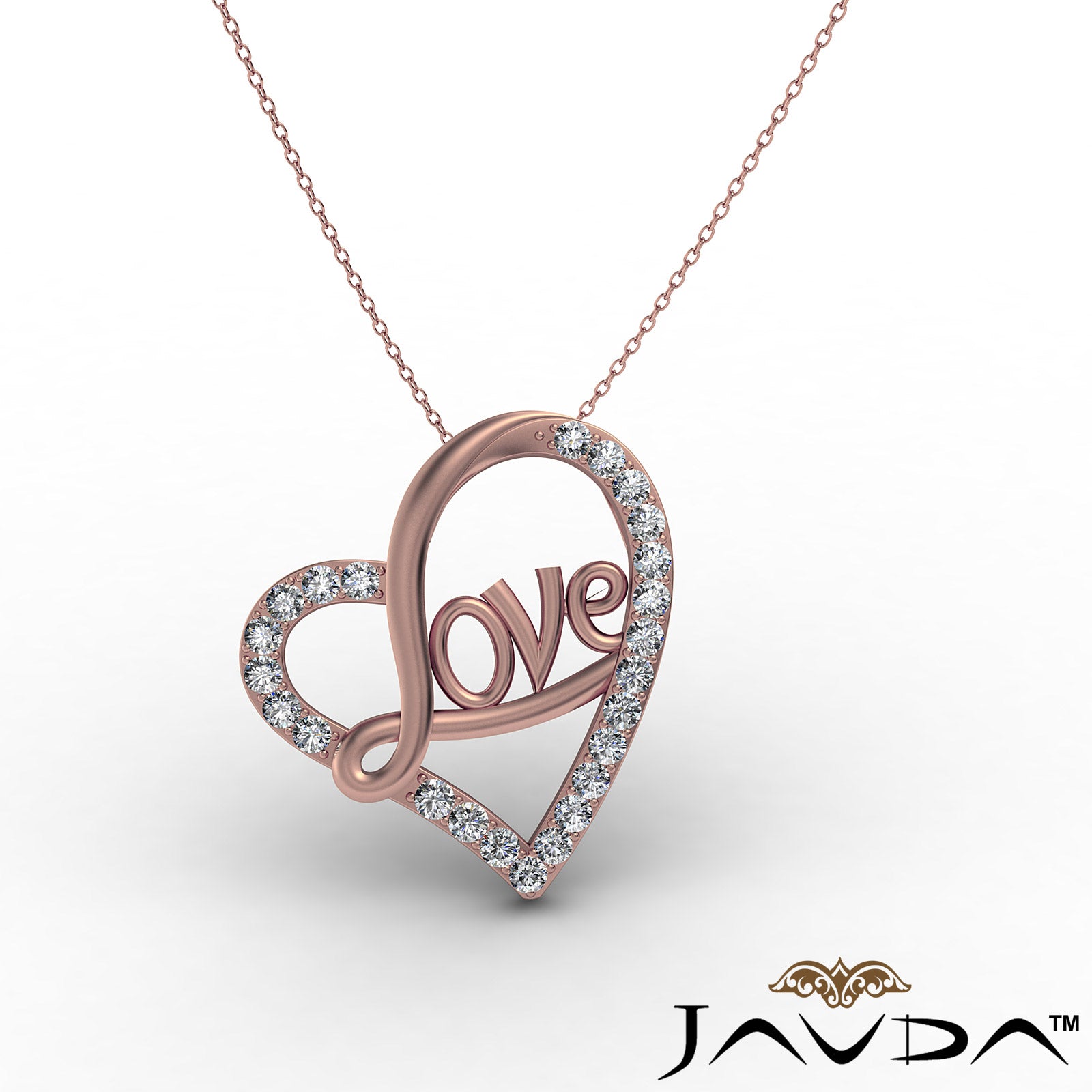 Love Script Heart Pendant Necklace Round Diamond 14k White Gold 0.45Ct