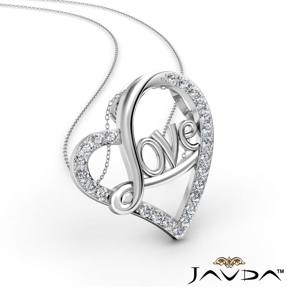 Love Script Heart Pendant Necklace Round Diamond 14k White Gold 0.45Ct