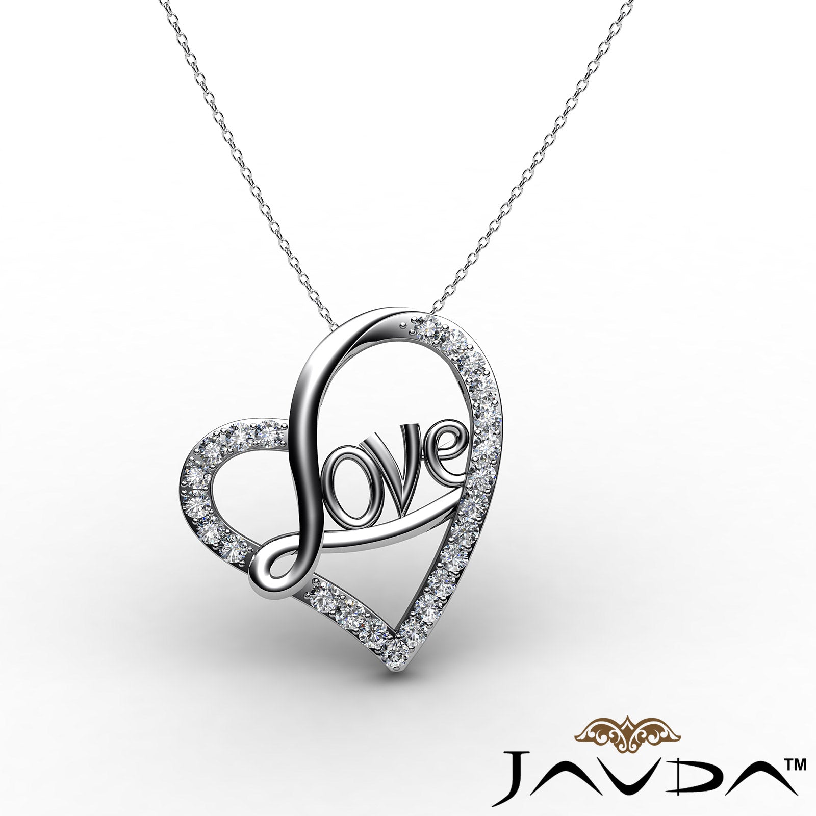 Love Script Heart Pendant Necklace Round Diamond 14k White Gold 0.45Ct