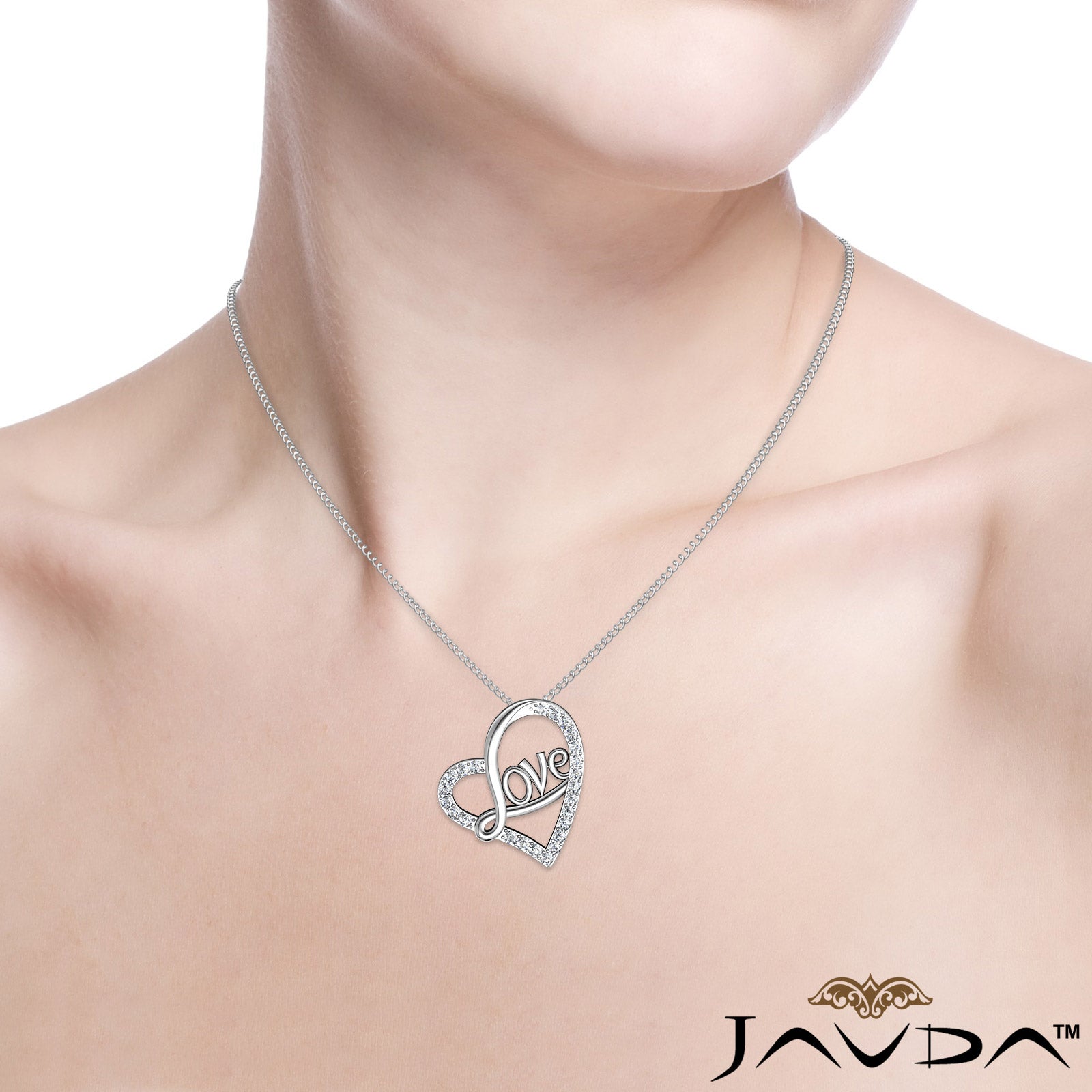 Love Script Heart Pendant Necklace Round Diamond 14k White Gold 0.45Ct