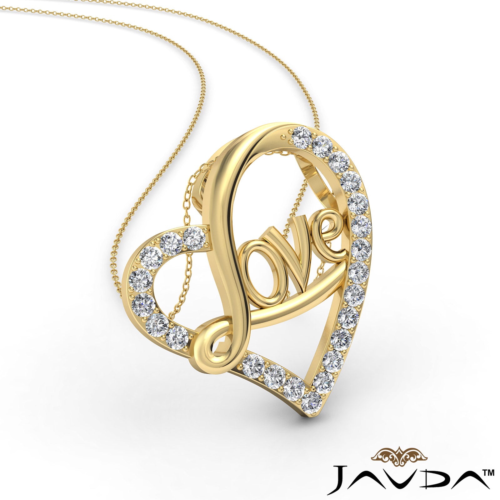 Love Script Heart Pendant Necklace Round Diamond 14k White Gold 0.45Ct