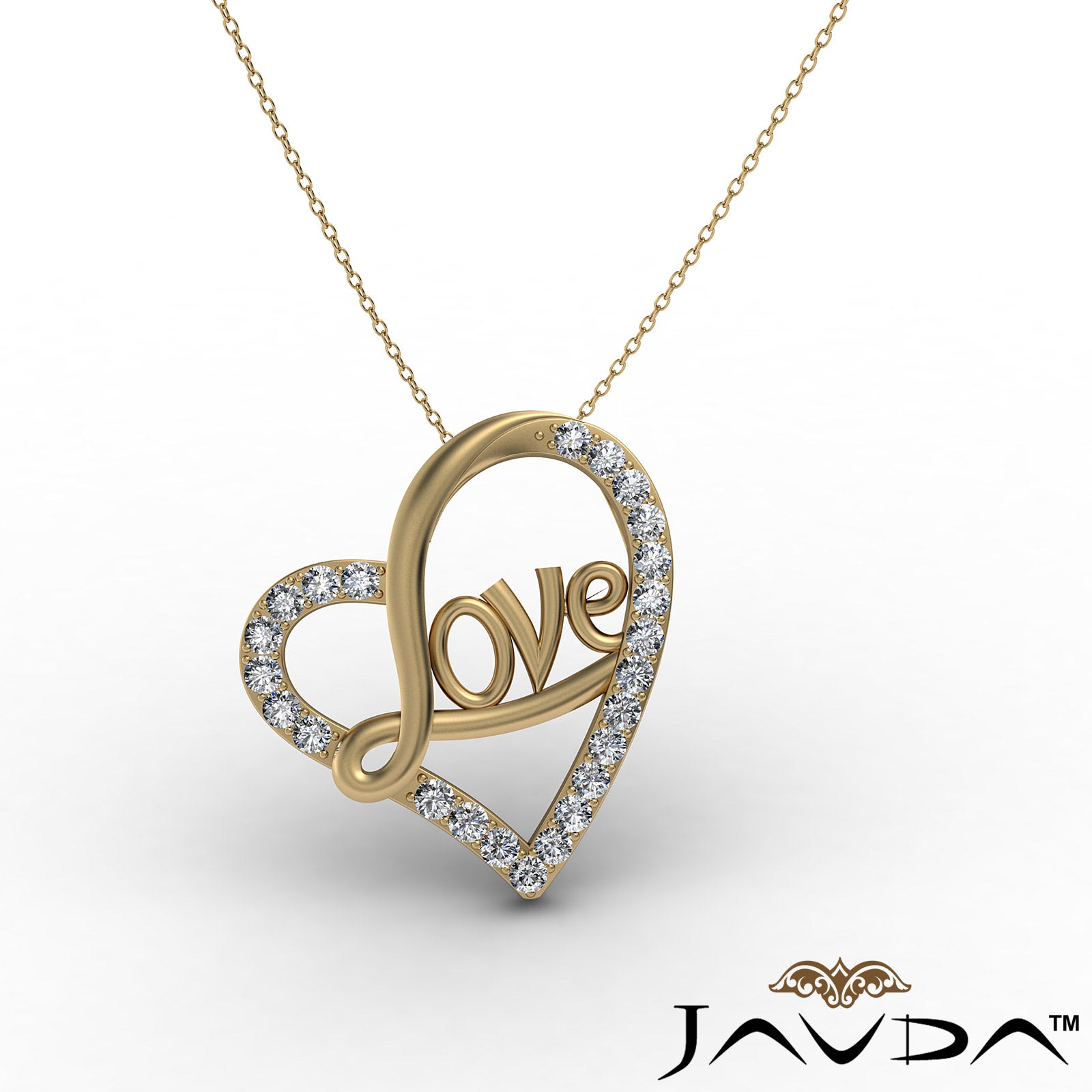 Love Script Heart Pendant Necklace Round Diamond 14k White Gold 0.45Ct