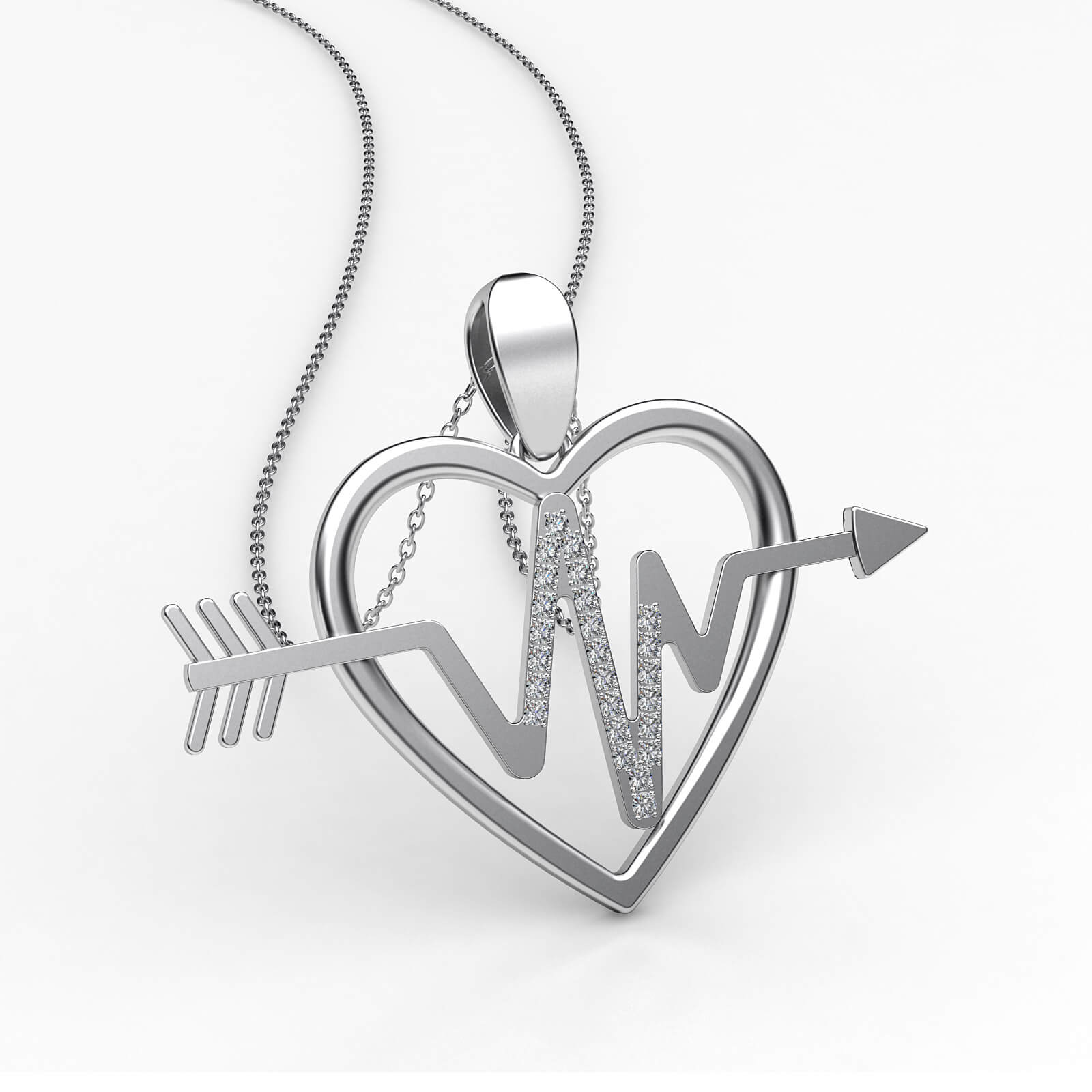 Diamond Heartbeat Heart Pendant Necklace 14k White Gold 18 Inch Chain 0.21Ct