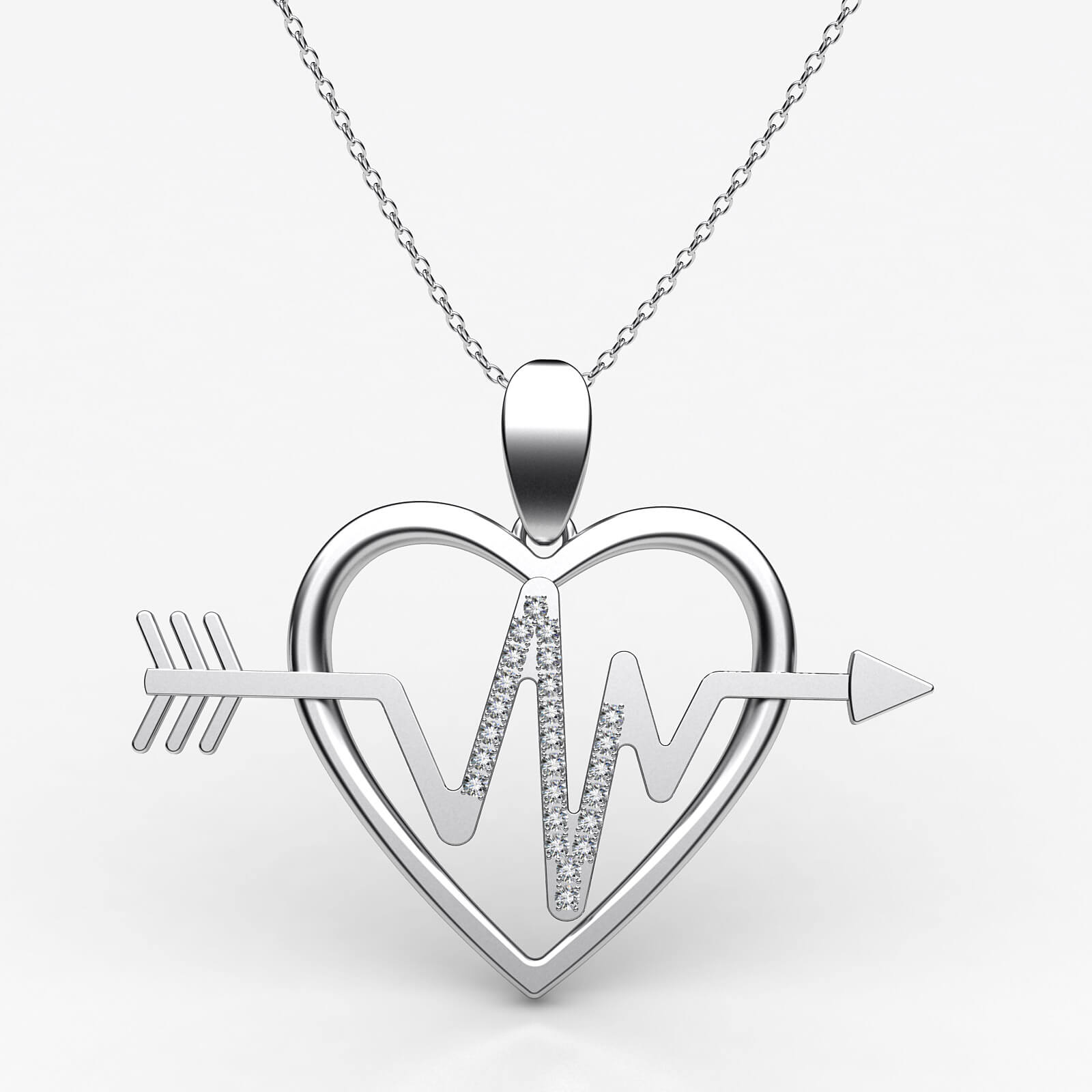Diamond Heartbeat Heart Pendant Necklace 14k White Gold 18 Inch Chain 0.21Ct