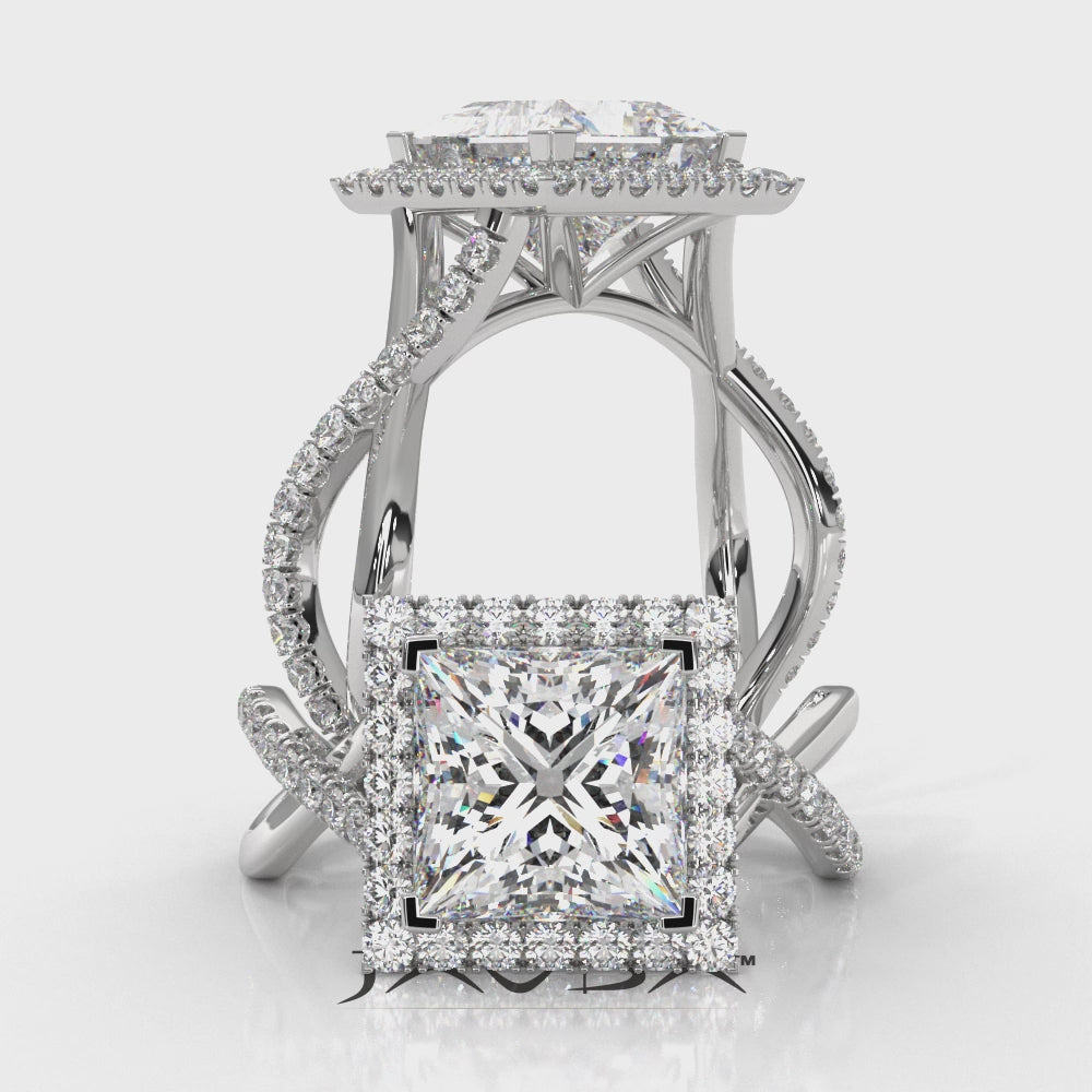 Twisted Halo XOXO Style Princess Diamond Engagement Ring in 14k White Gold