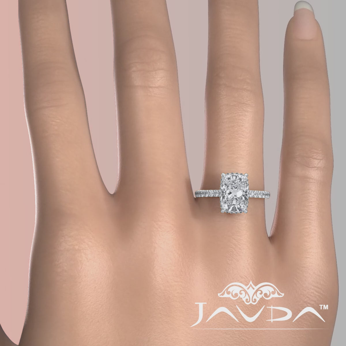 French U Pave Set Hidden Halo Lab Grown Diamond Engagement Ring IGI Certified 3.52 Ctw.