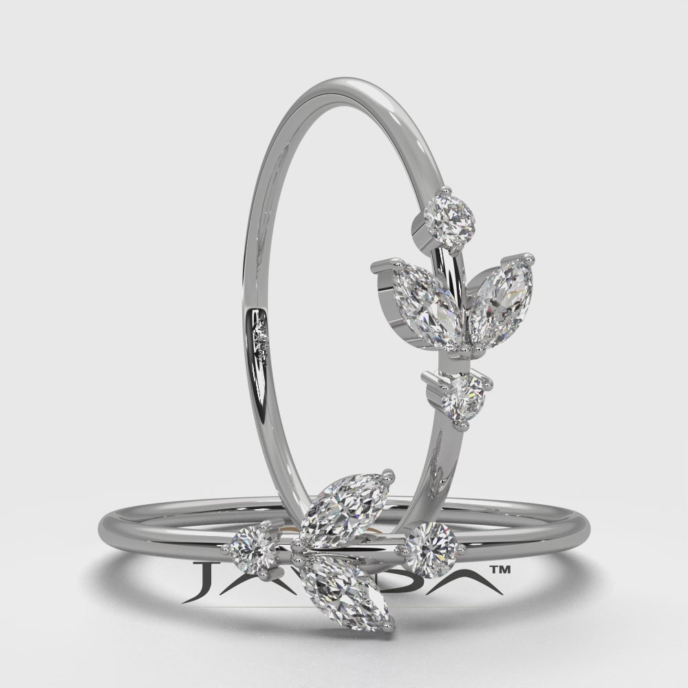 Petal Motif Style Marquise & Round Lab Diamond Slim Fashion Ring 0.15ctw.