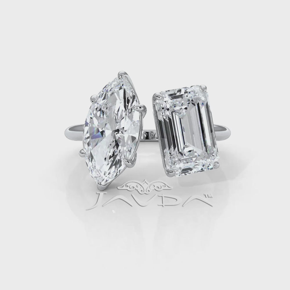 2 Stone Marquise Emerald Cut Diamond Engagement Prong Set Ring 14k White Gold 4.54 Ctw.