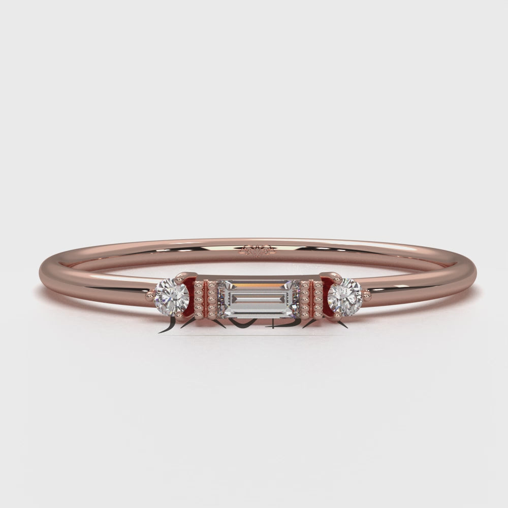 Three Stone Baguette & Round Lab Diamond Slim Fashion Ring 0.07ctw.