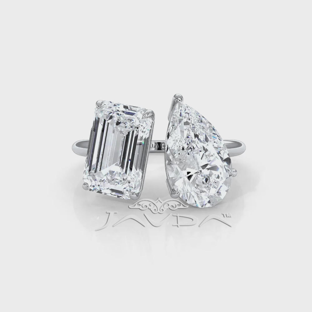 2 Stone Emerald Pear Cut Diamond Engagement Prong Set Ring 14k White Gold 4.63 Ctw.