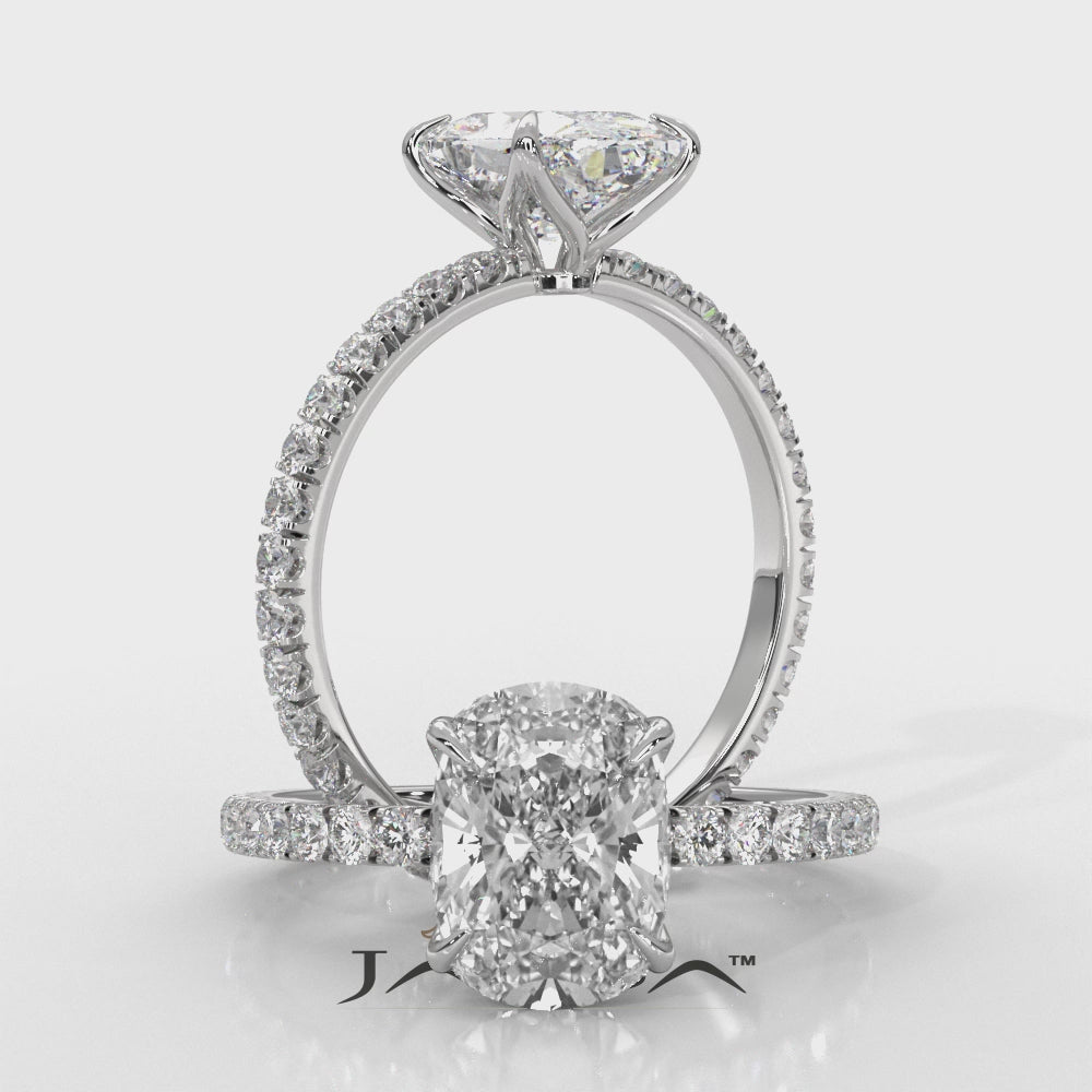 Cushion Lab Grown Diamond French U Cut Pave Set Engagement Ring