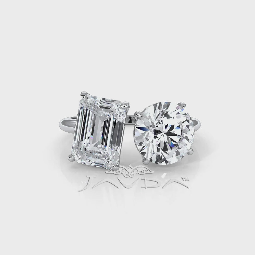 2 Stone Emerald Round Diamond Engagement Prong Set 14K White Gold 4.08 Ctw.