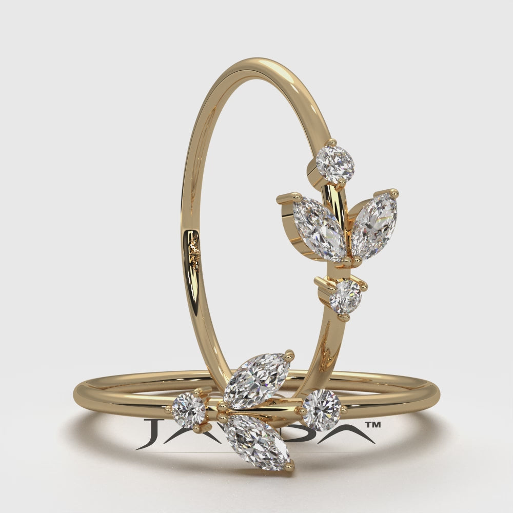 Petal Motif Style Marquise & Round Lab Diamond Slim Fashion Ring 0.15ctw.