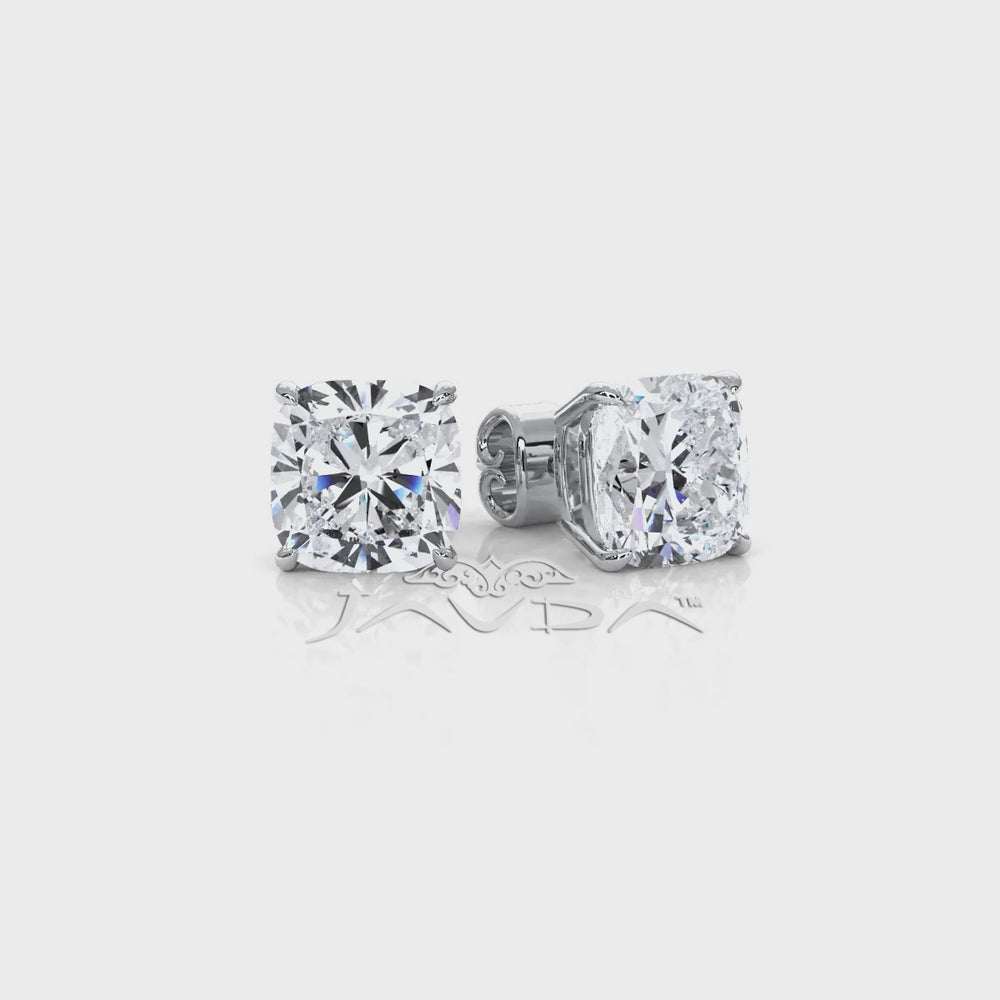 Cushion Lab Grown Diamond Stud Earring IGI Certified in 14k White Gold 6.02 Ctw.