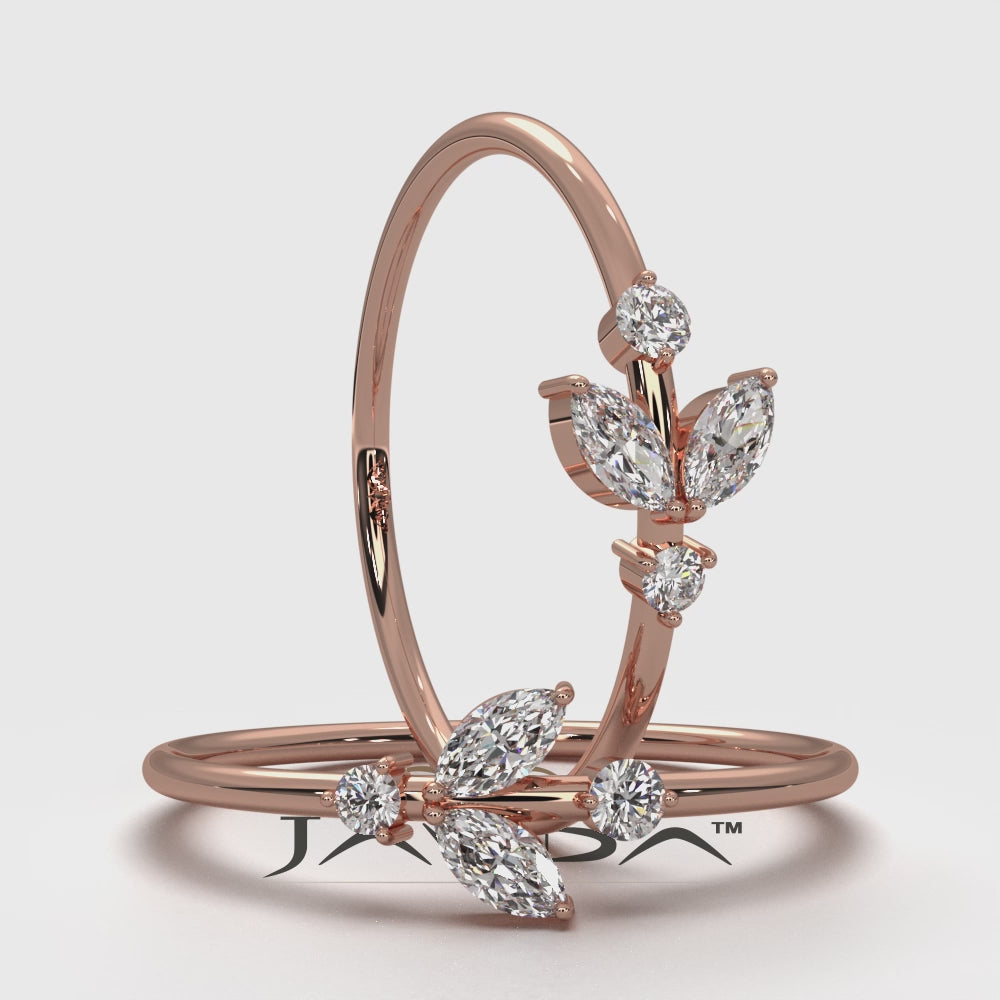Petal Motif Style Marquise & Round Lab Diamond Slim Fashion Ring 0.15ctw.