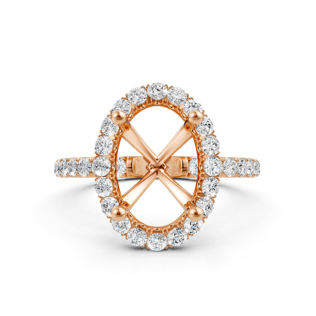 French Pave Oval Halo Semi Mount Diamond Engagement Ring 14k Rose Gold 0.59 Ct.