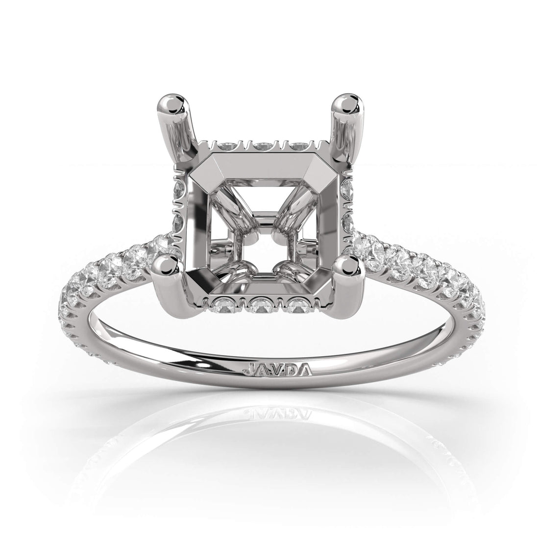 Hidden Halo U Pave Asscher Semi Mount Diamond Engagement Ring 14k White Gold 0.47Ct