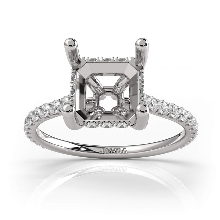Hidden Halo U Pave Asscher Semi Mount Diamond Engagement Ring 14k White Gold 0.47Ct