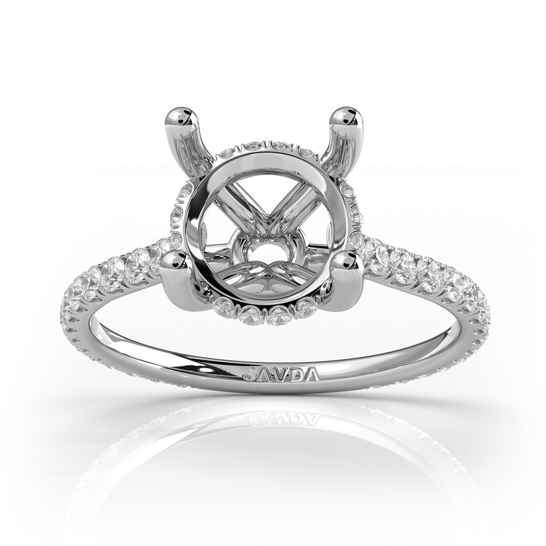 Hidden Halo U Pave Round Semi Mount Diamond Engagement Ring 14k White Gold 0.47Ct