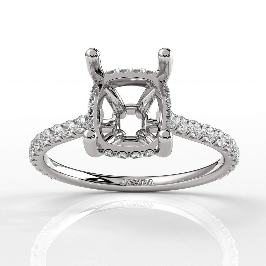 Hidden Halo U Pave Cushion Semi Mount Diamond Engagement Ring 14k White Gold 0.47Ct