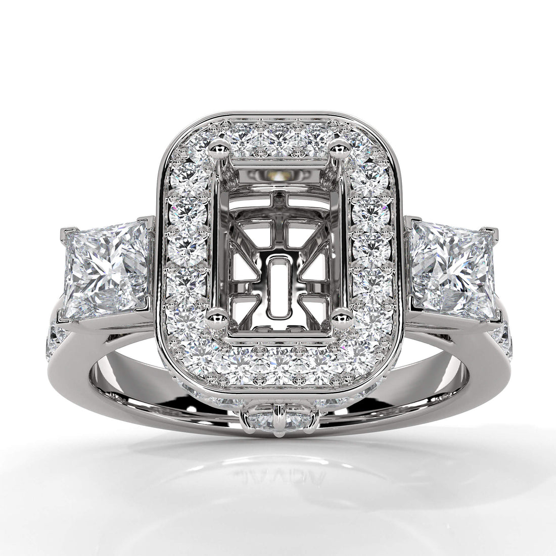 3 Stone Halo Emerald Semi Mount Diamond Engagement Ring 14k White Gold