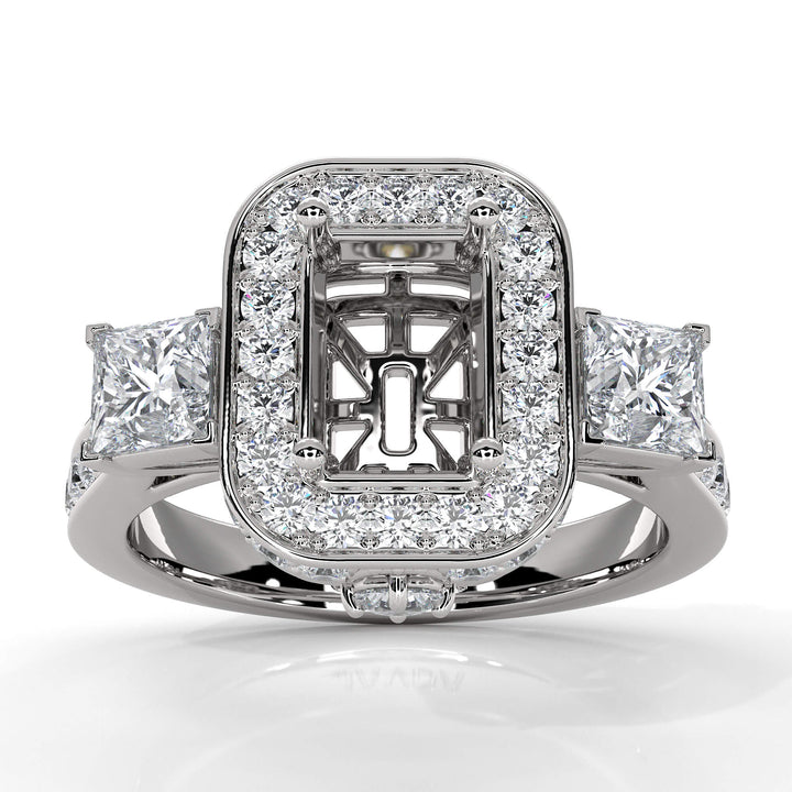 3 Stone Halo Emerald Semi Mount Diamond Engagement Ring 14k White Gold
