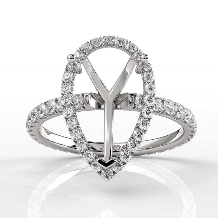 French Pave Pear Halo Semi Mount Diamond Engagement Ring 14k White Gold 0.59Ct