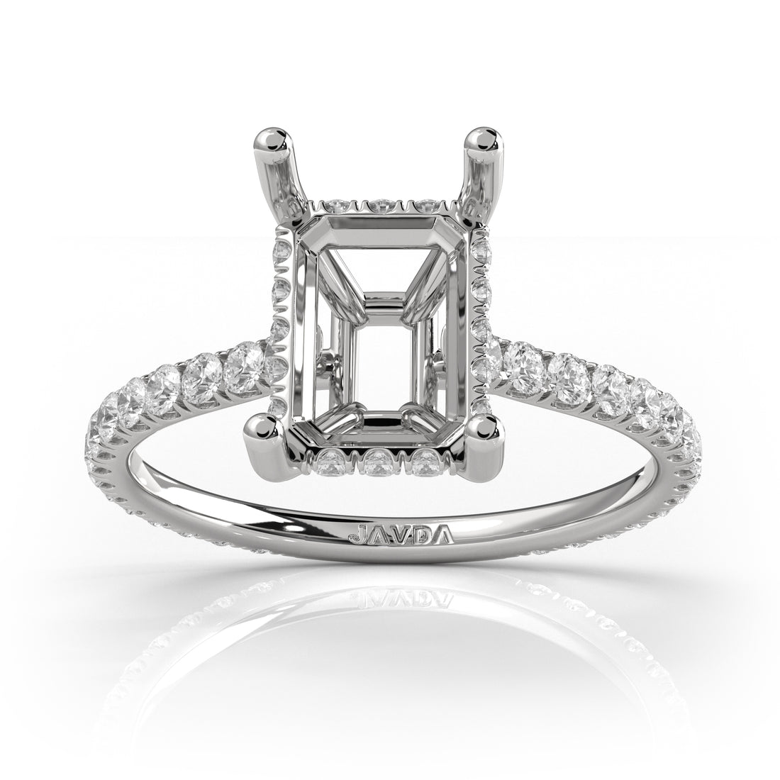 Hidden Halo U Pave Emerald Semi Mount Diamond Engagement Ring 14k White Gold 0.47Ct