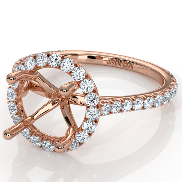 French U Pave Halo Semi Mount Diamond Engagement Ring 18k Rose Gold 0.54ct