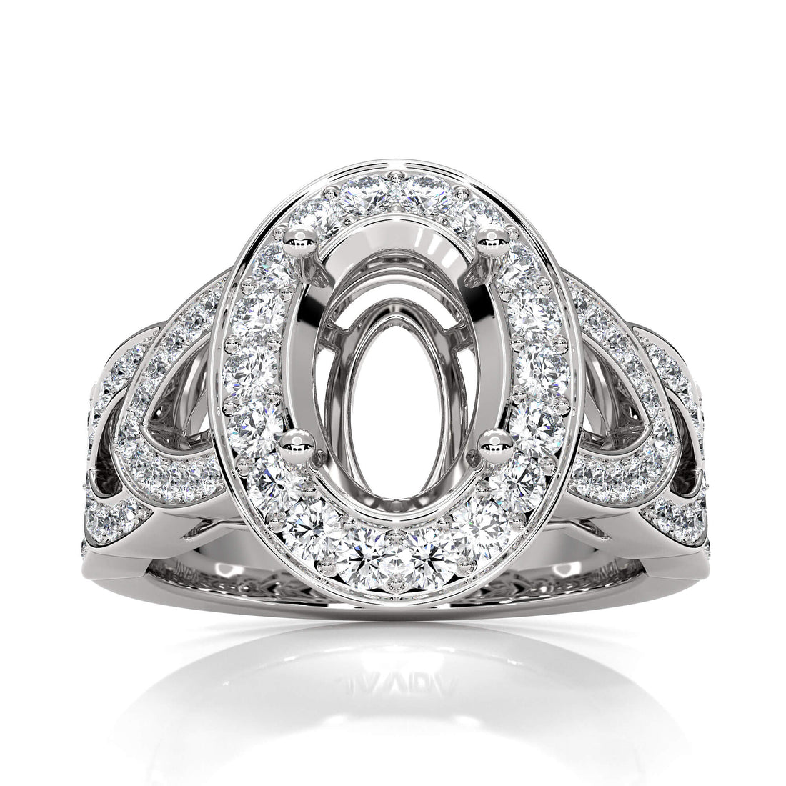 Halo Pave Setting Oval Semi Mount Diamond Engagement Ring 14K White Gold 1.25 Ct.