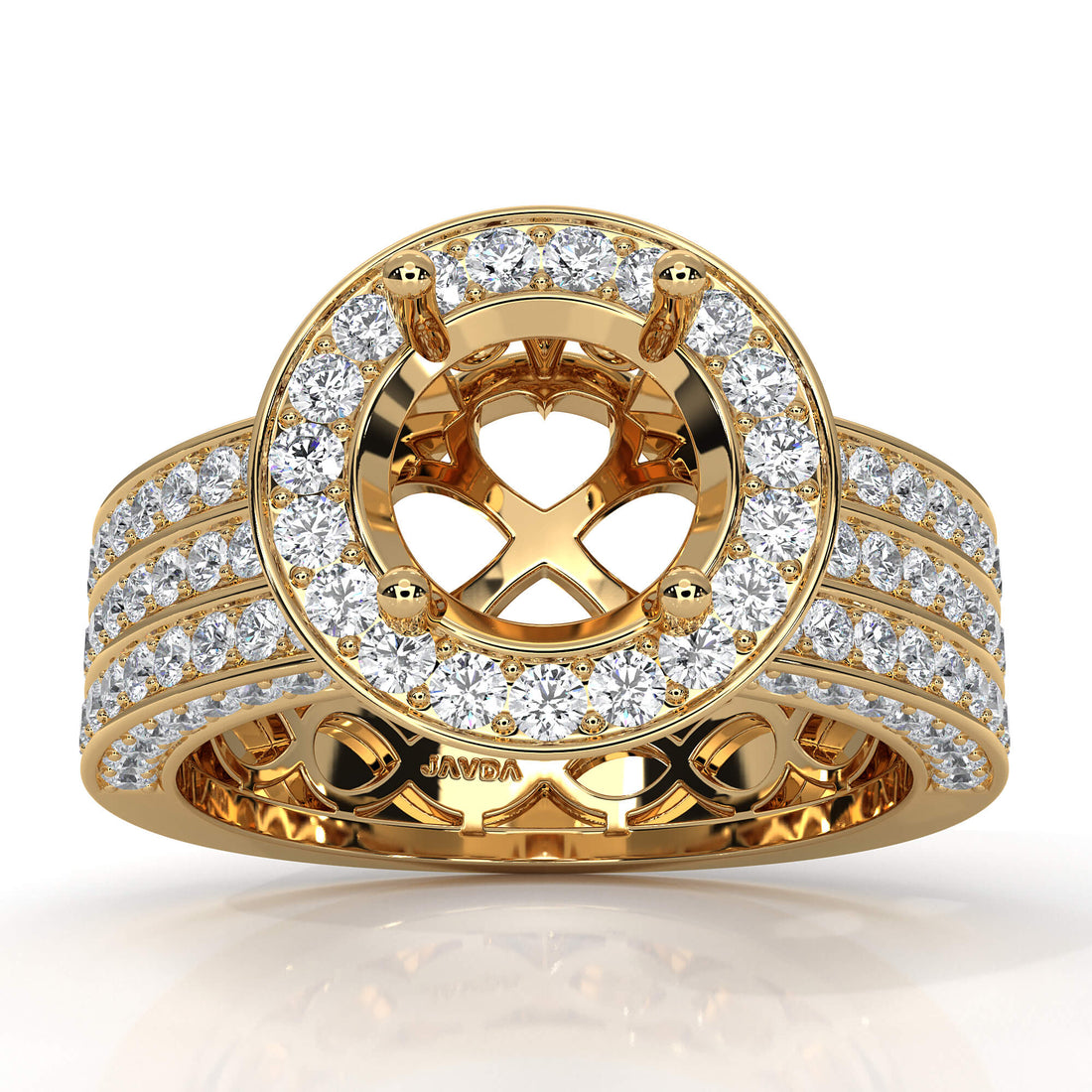 Halo Pave Setting 3 Row Round Semi Mount Diamond Engagement Ring 14k Yellow Gold 1.35 Ct